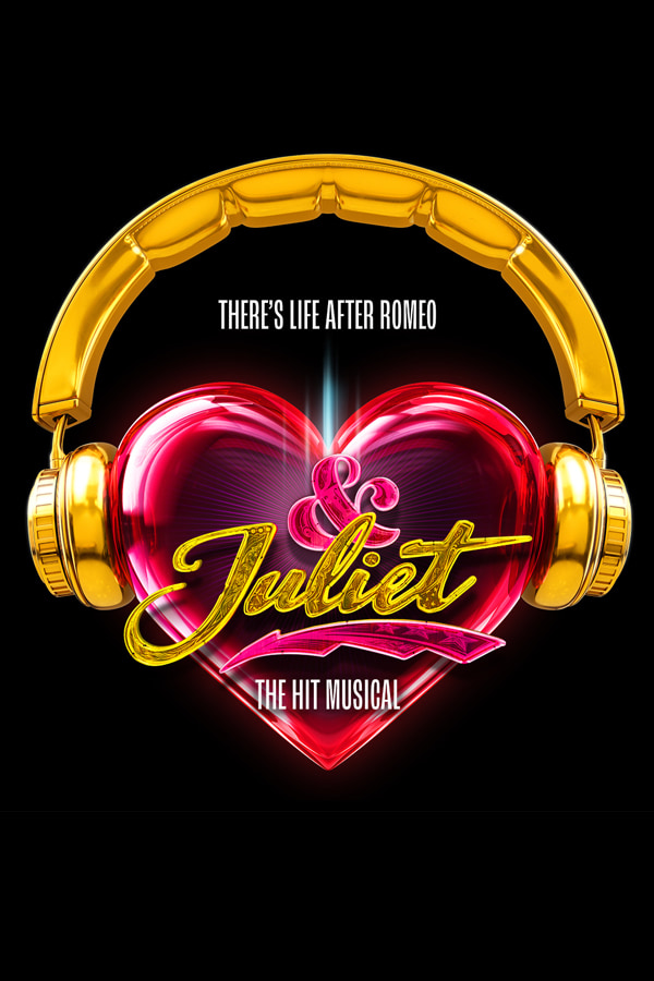 A metallic pink heart wearing shiny gold headphones, with the show title in cursive crypt across the middle of it