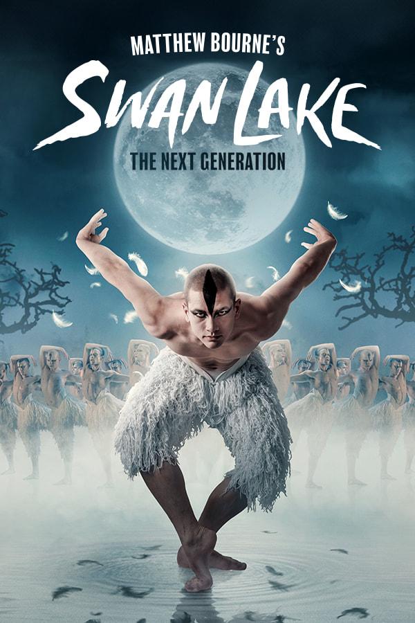 A poster promoting Matthew Bourne's dance show Swan Lake. Showing a dancer made up to look like a swan looking menacingly outward, bent double and holding his arms behind him as if they are wings. The title if written across the moon which is visible behind him.
