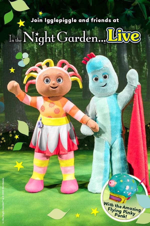 In the Night Garden characters Iggle Piggle and Daisy wave from a grassy wooded background.